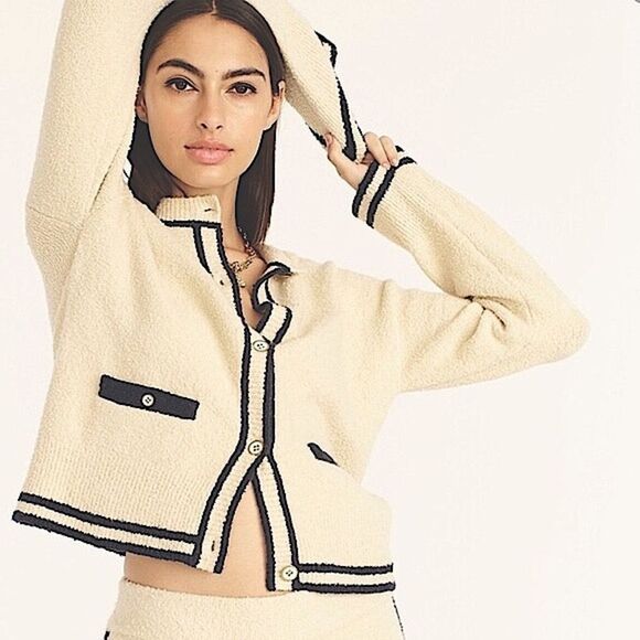 J. Crew Cotton Bouclé Cardigan Sweater Ivory Navy Trim Size S • NEW WITH TAGS • - Picture 1 of 11